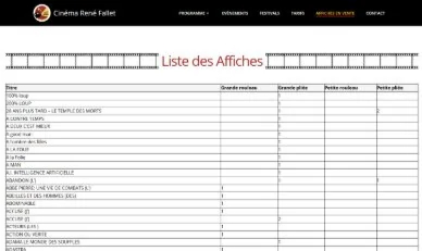 Extrait de la page publique listant les affiches de films disponibles à la vente, avec leurs quantités par format