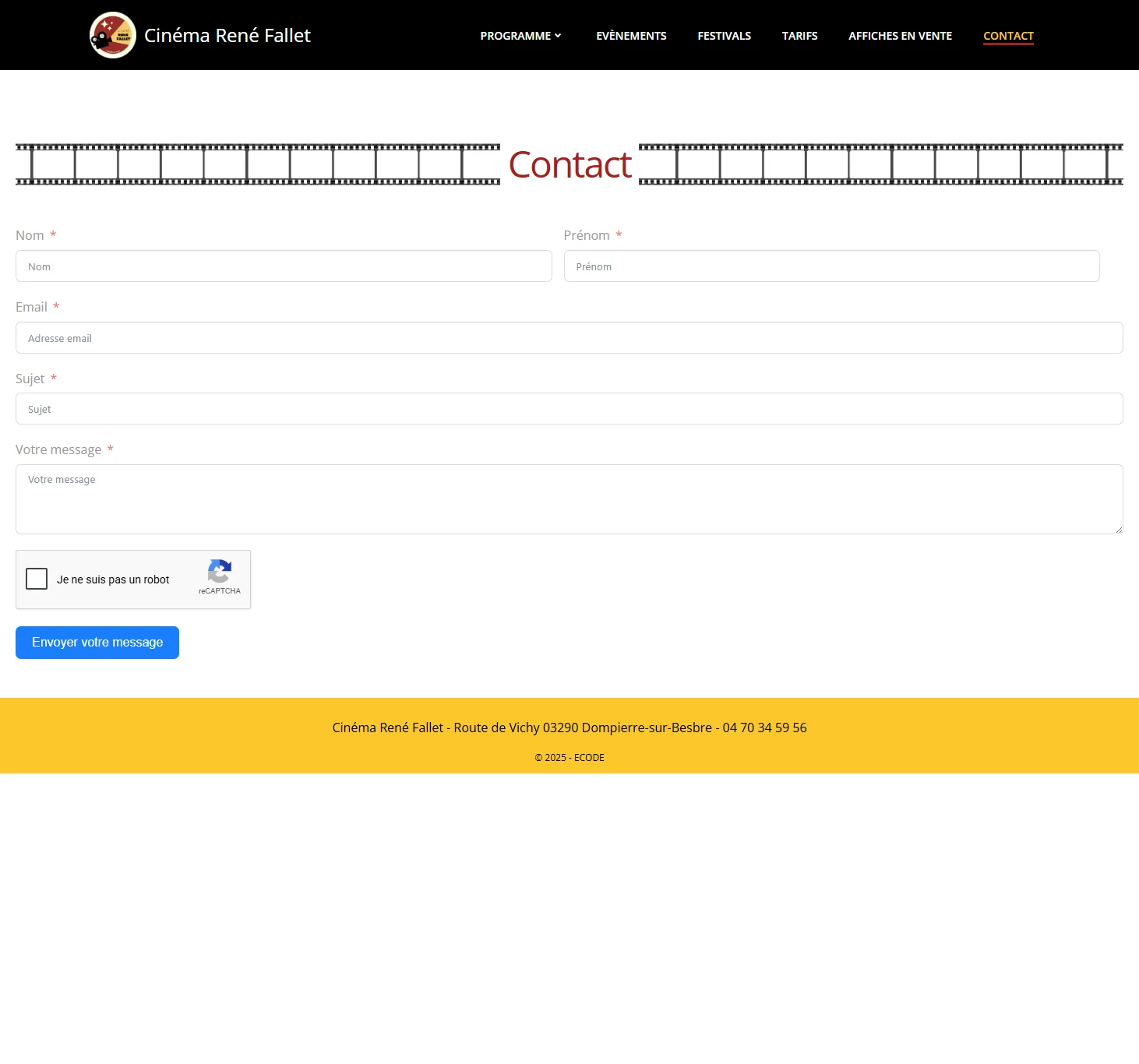 Formulaire de contact du site avec champs nom, prénom, email, sujet, message et protection anti-robot