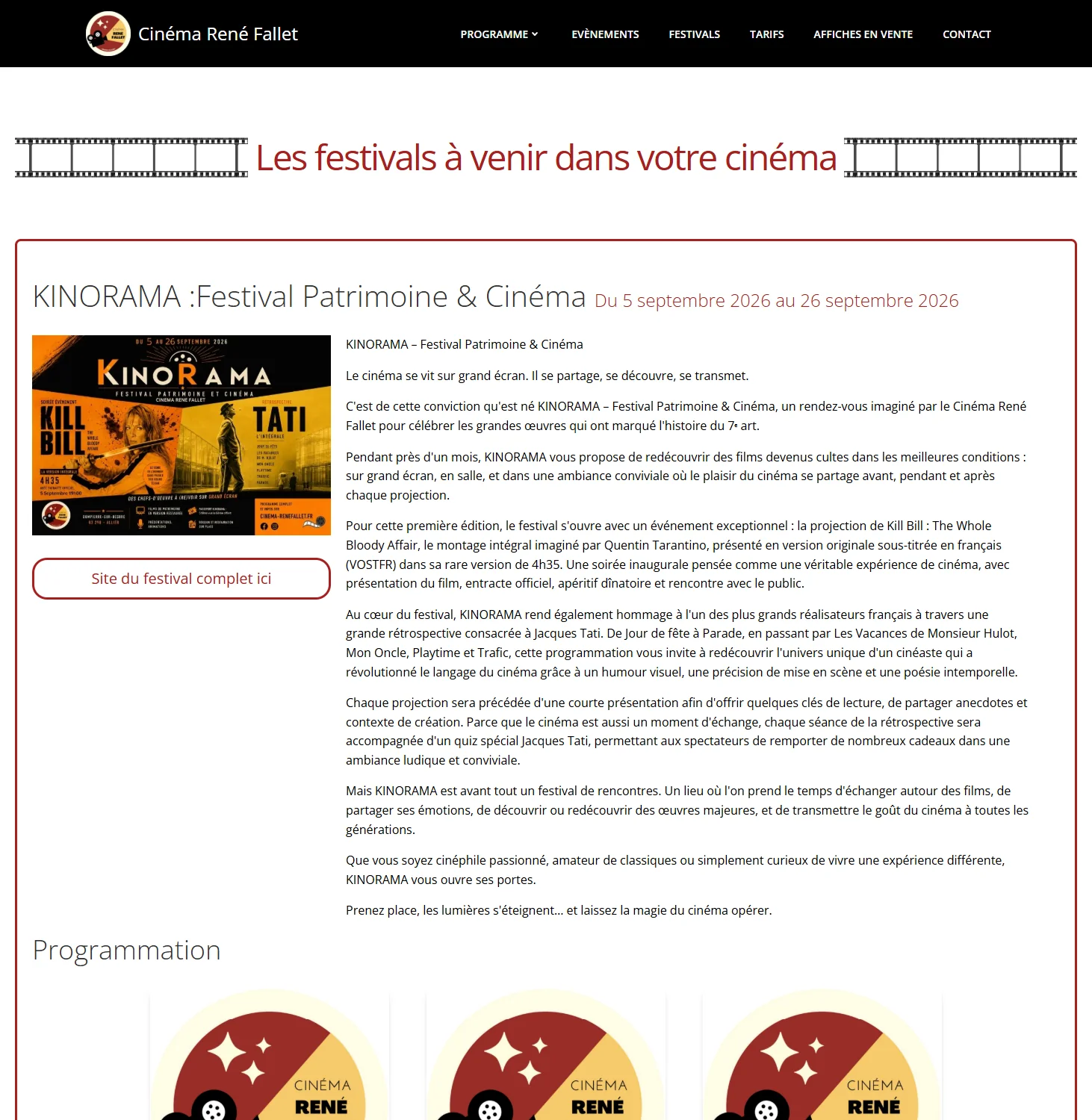 Page des festivals à venir présentant le festival Kinorama, avec description, affiche et programmation illustrée