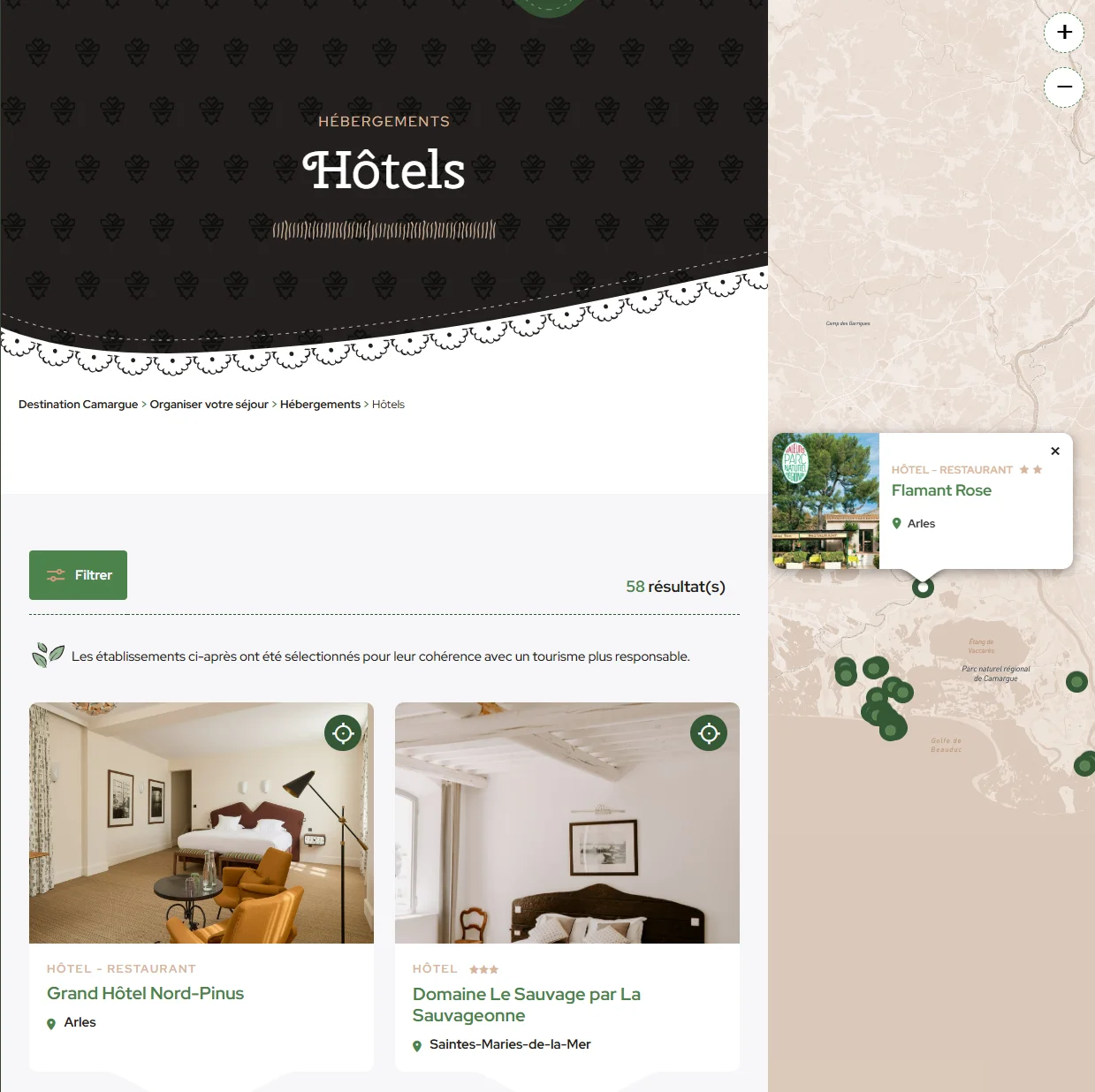 Carte compacte avec fiche établissement ouverte au clic : Flamant Rose, hôtel-restaurant à Arles
