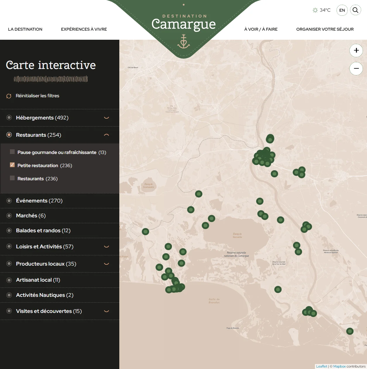 Carte interactive filtrée sur la sous-catégorie Petite restauration, seuls les marqueurs correspondants restent affichés