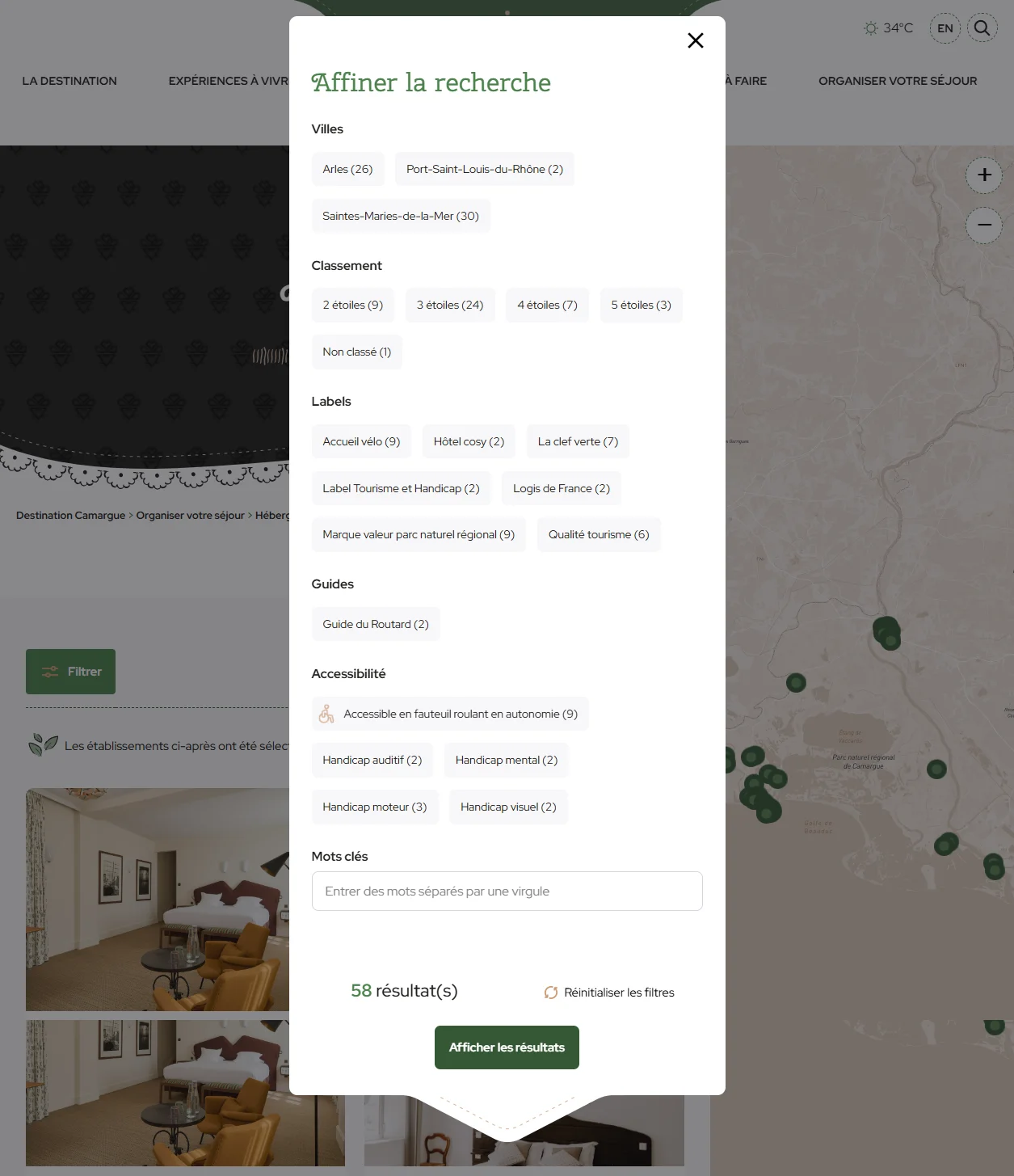 Fenêtre de filtre avancé sur la page Hôtels : villes, classement, labels, guides, accessibilité et mots-clés, avec 58 résultats affichés