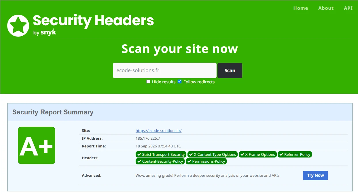 Audit Security Headers (Snyk) pour ecode-solutions.fr : note A+, avec les six en-têtes de sécurité recommandés tous validés