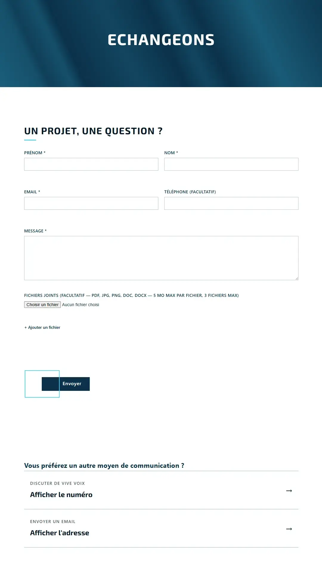 Page Échangeons du site ecode-solutions.fr, avec le formulaire de contact