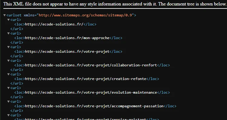 Extrait du fichier sitemap.xml généré automatiquement, listant les URL du site dont mon-approche, votre-projet et ses sous-pages