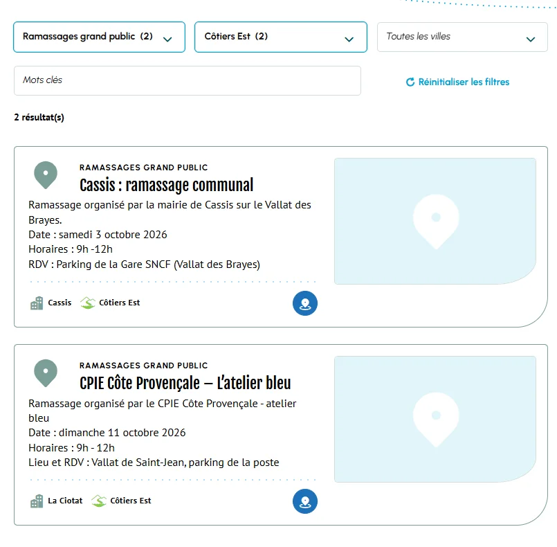 Liste des points d'intérêt filtrée sur les familles « Ramassages grand public » et la zone « Côtiers Est », 2 résultats affichés