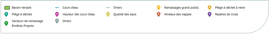 Légende complète générée automatiquement : bassin versant, cours d'eau, divers, piège à déchet, secteurs de ramassage, hauteur des cours d'eau, qualité des eaux, ramassages grand public, niveaux des nappes, repères de crues
