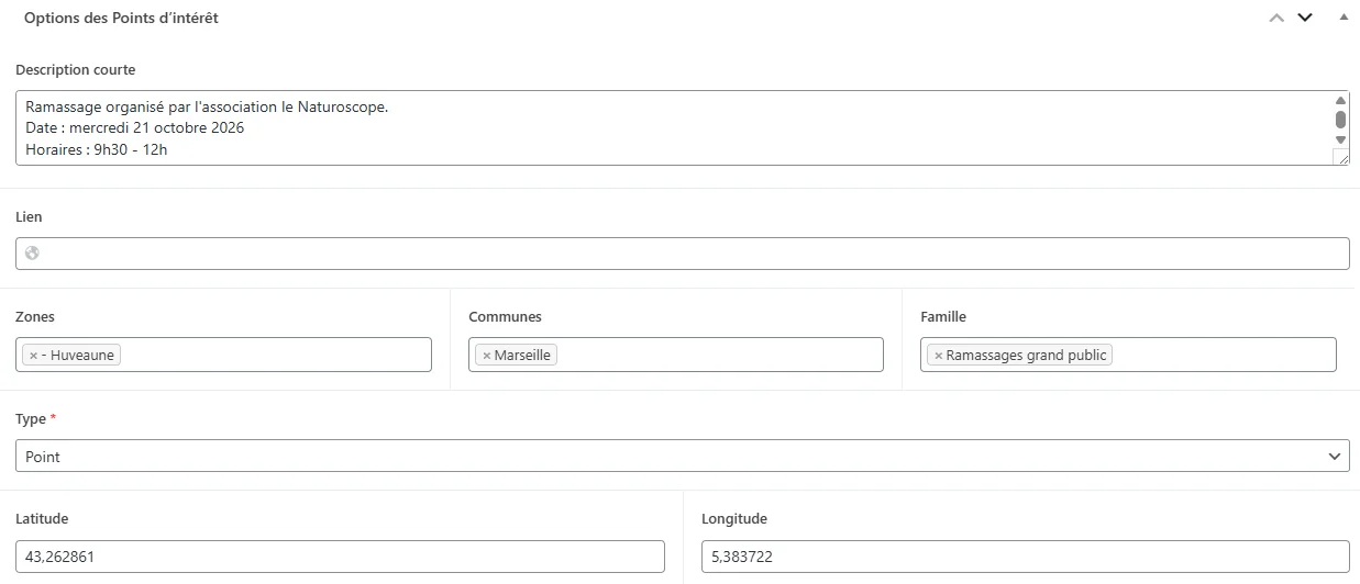 Fiche d'un point d'intérêt dans l'administration : description, lien, zones, communes, famille, type et coordonnées latitude/longitude