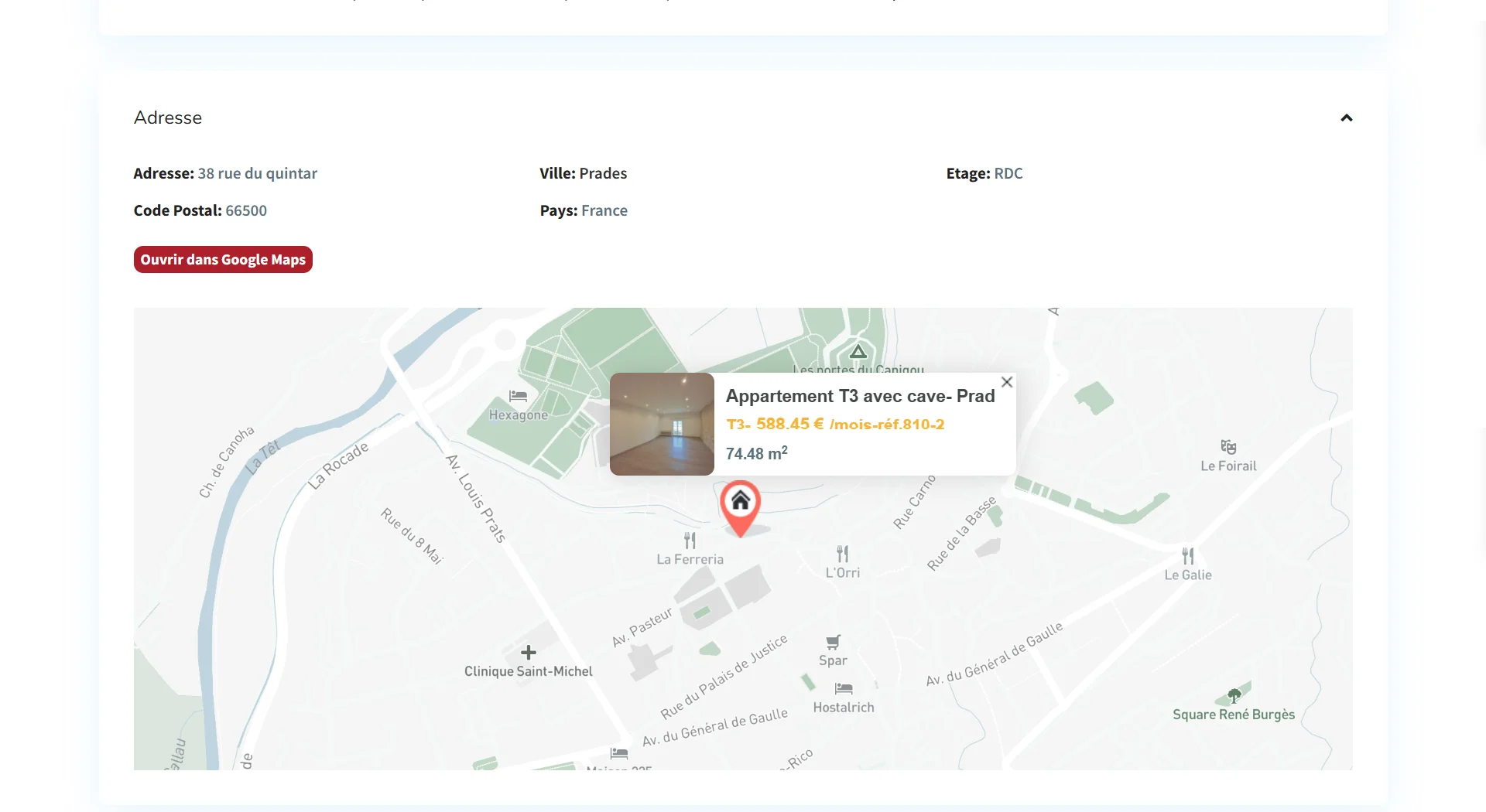 Bloc adresse de la fiche logement, avec la carte Google Maps intégrée