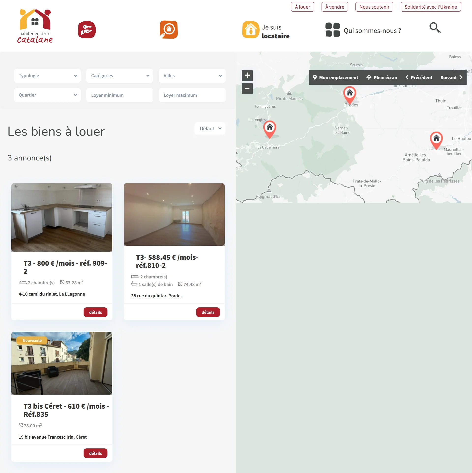 Page de recherche de biens avec les filtres et la liste des annonces à gauche, la carte interactive à droite