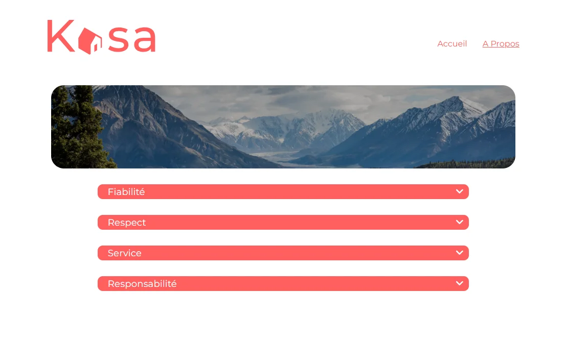 Page À propos de Kasa avec quatre volets repliés : Fiabilité, Respect, Service, Responsabilité