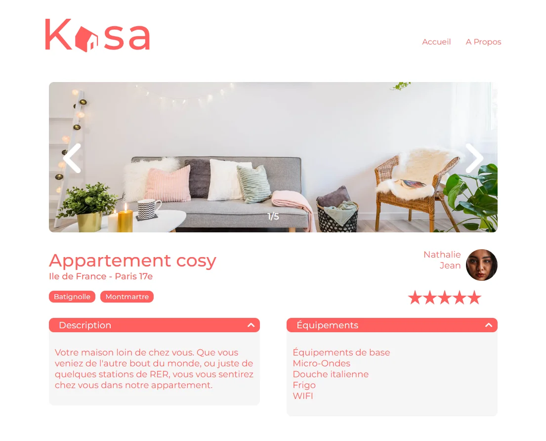 Fiche détaillée d'un logement « Appartement cosy » avec carrousel photo, titre, étiquettes, note de l'hôte, description et équipements
