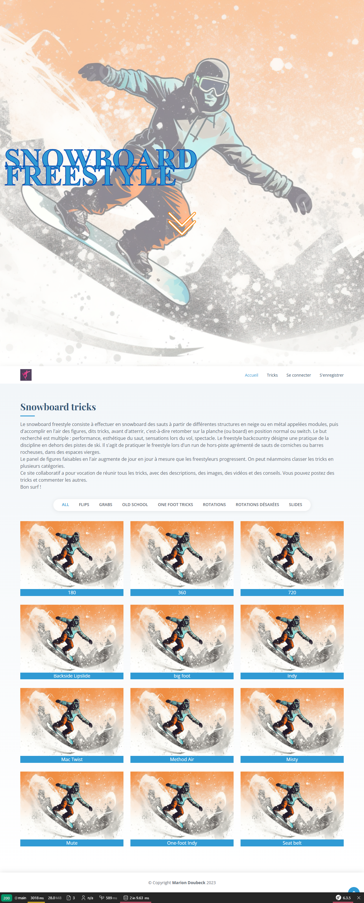 Page d'accueil avec bannière hero « Snowboard Freestyle », menu Accueil, Tricks, Se connecter, S'enregistrer, présentation du site, filtres par catégorie et grille de figures (180, 360, 720, Indy, Mute, Seat belt...)