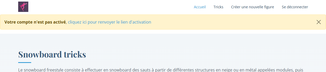 zoom sur le menu sous lequel apparait le message : votre compte n'est pas activé, cliquez ici pour renvoyer le lien d'activation
