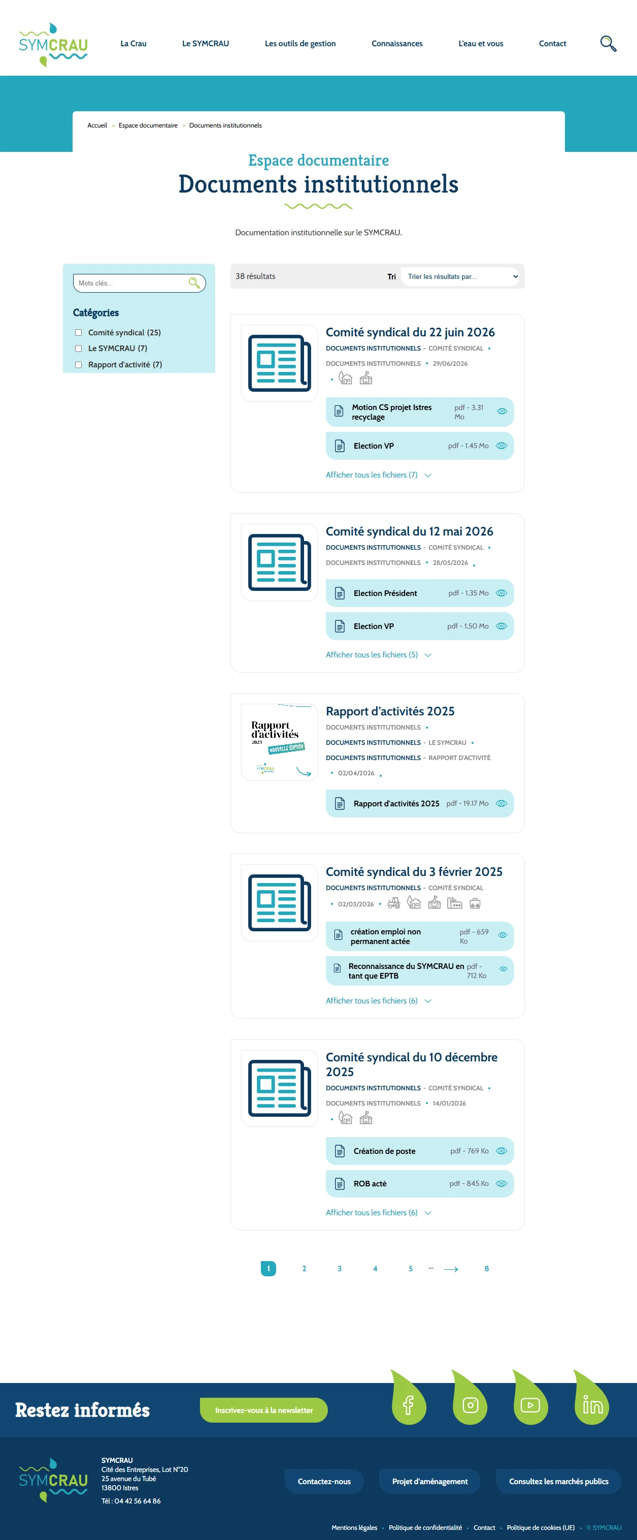 Page Documents institutionnels de l'espace documentaire, avec filtre par catégorie et liste de comités syndicaux paginée