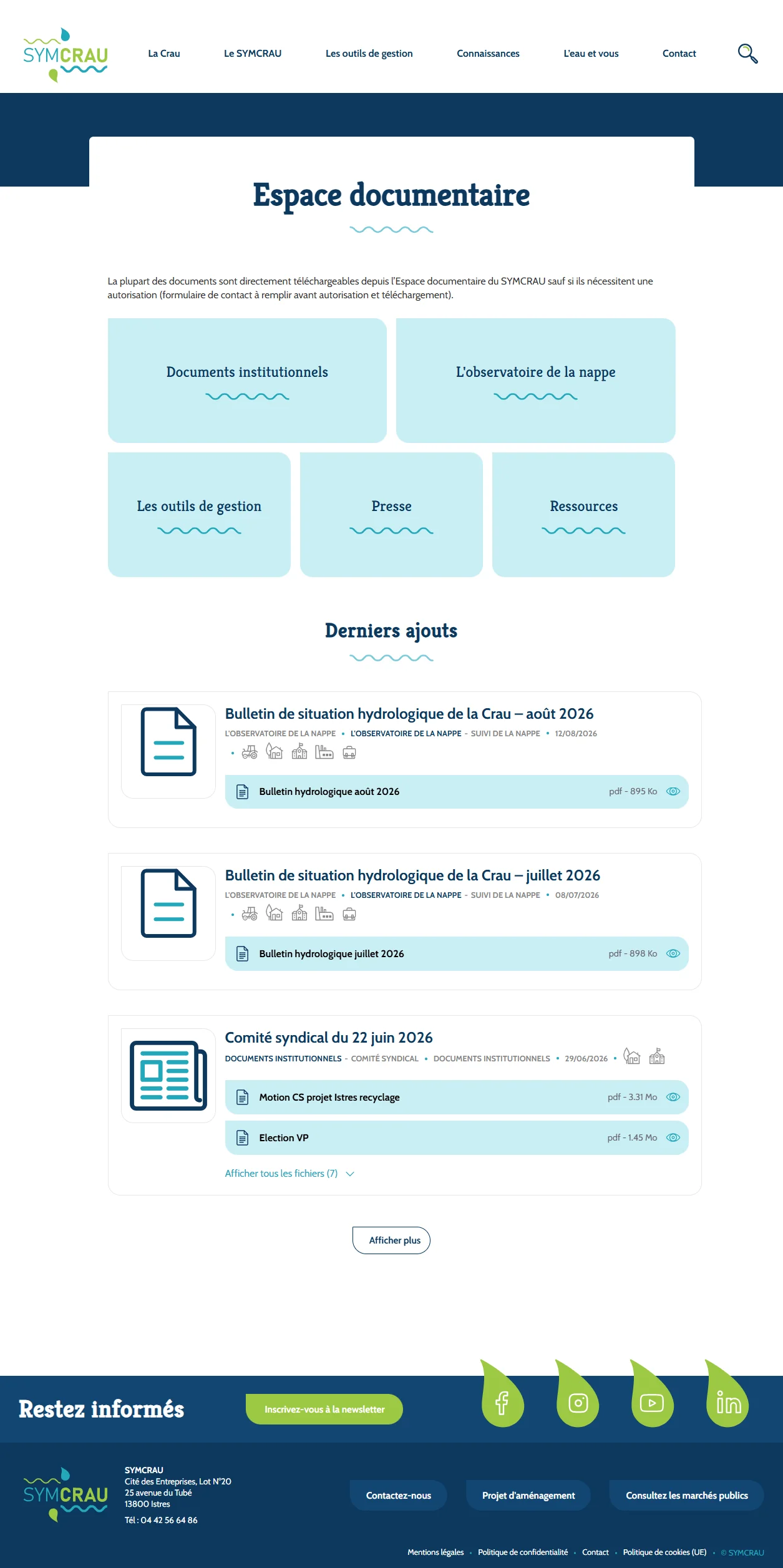 Page d'accueil de l'espace documentaire en version desktop, avec les cinq grandes catégories de documents et les derniers ajouts