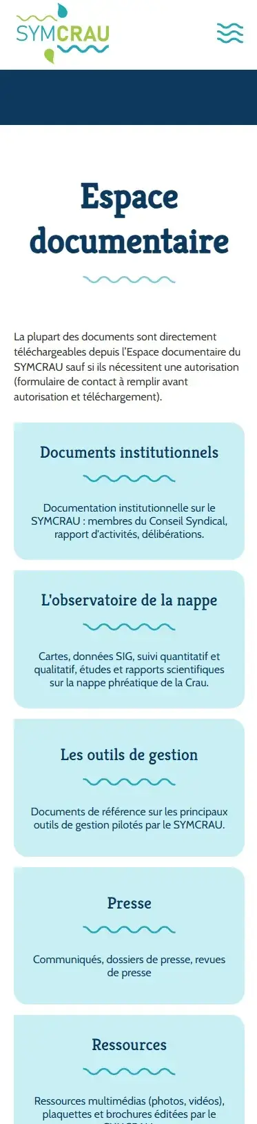Page d'accueil de l'espace documentaire en version mobile, mise en page adaptée en une colonne