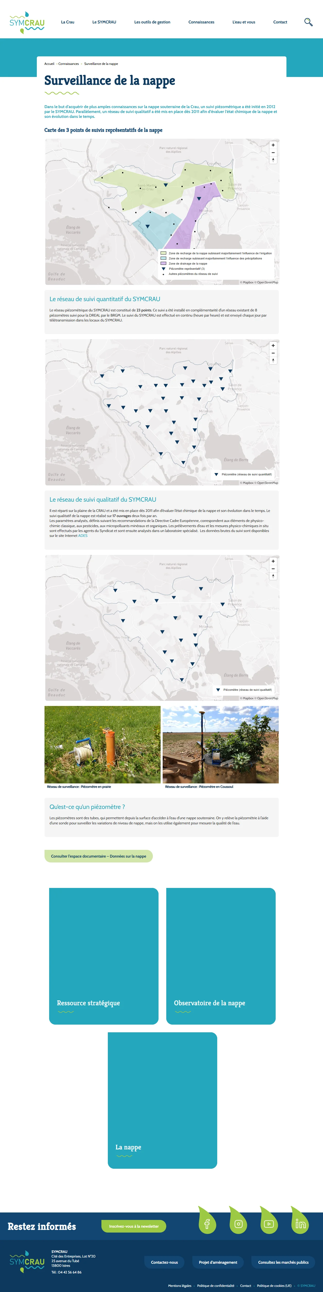 Page Surveillance de la nappe avec trois cartes interactives successives : points représentatifs, réseau de suivi quantitatif, réseau de suivi qualitatif