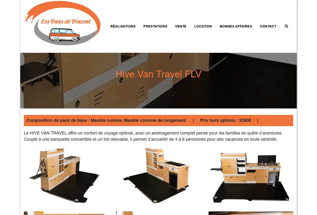 Fiche du kit Hive Van Travel FLV : bandeau composition du pack de base et prix hors options à 2390€ TTC, au-dessus de la description et des options disponibles