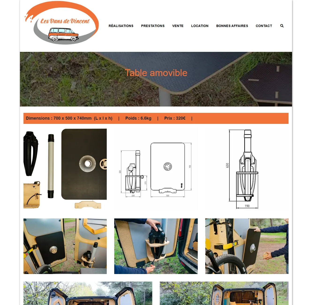 Fiche produit de la table amovible : bandeau dimensions/poids/prix, puis photos du produit et de son montage
