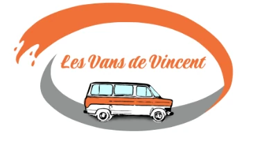 Logo Les Vans de Vincent : illustration d'un van de type Ford, en orange et blanc, avec le nom du site en lettres cursives orange