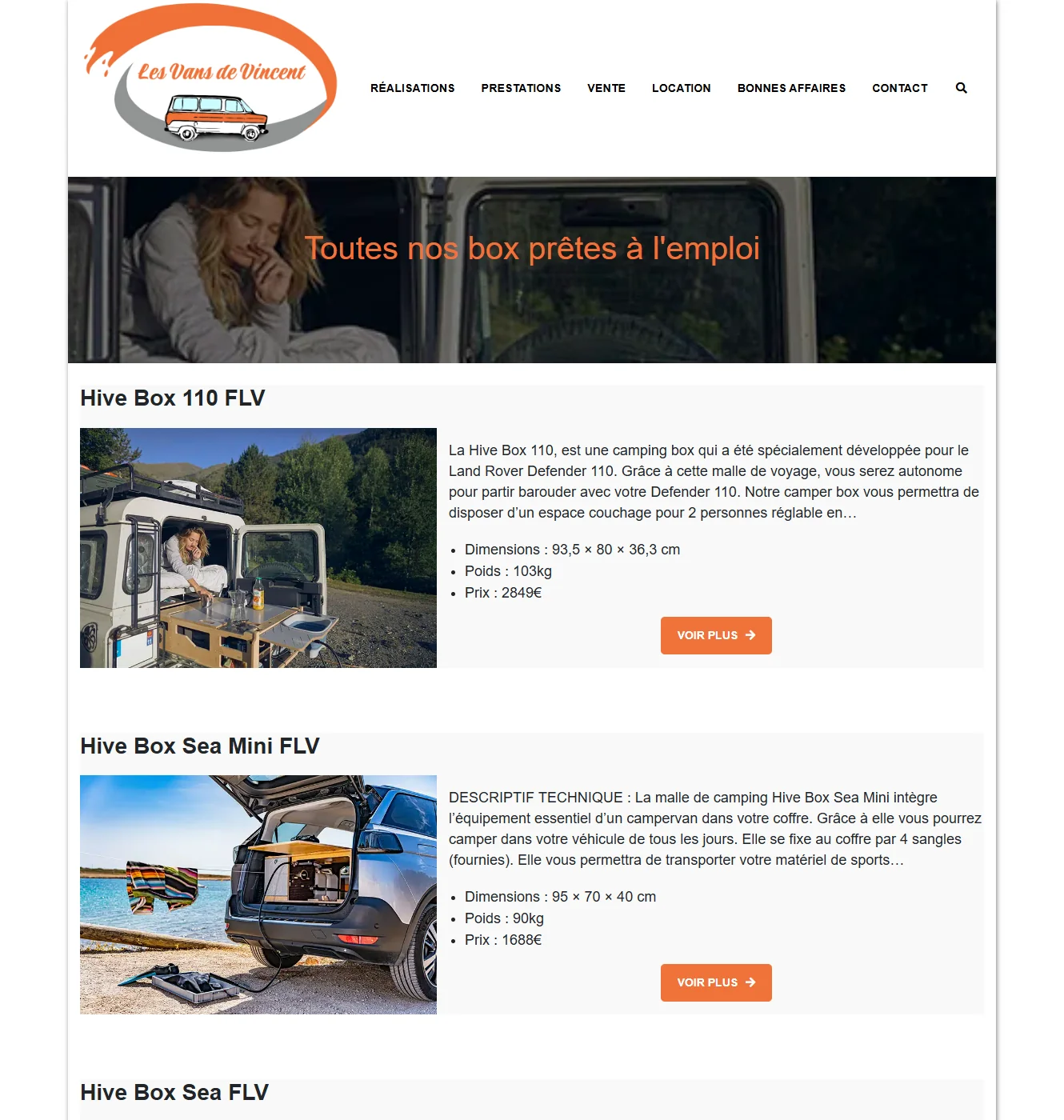Page catalogue des box prêtes à l'emploi (Hive Box 110 FLV, Hive Box Sea Mini FLV...), avec dimensions, poids et prix pour chaque modèle