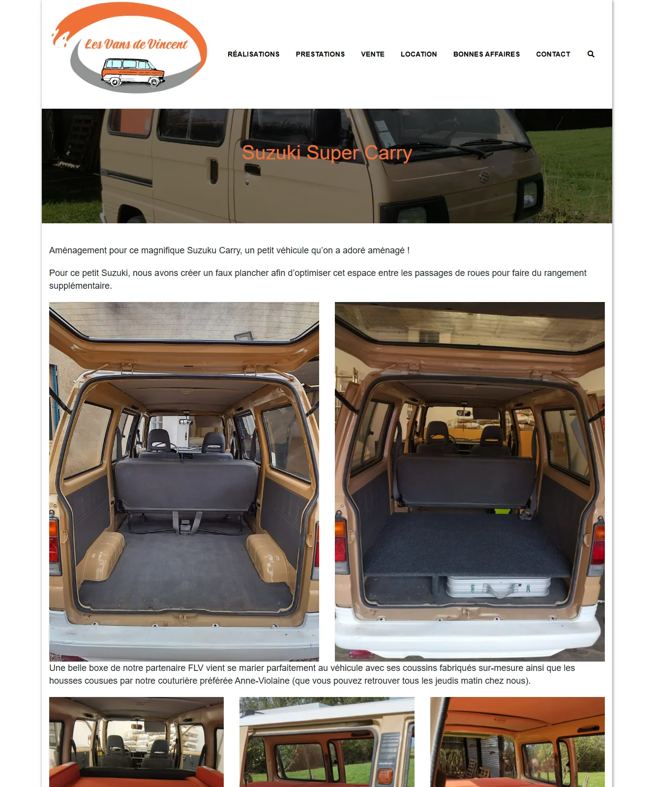 Fiche de réalisation « Suzuki Super Carry » avec texte de présentation et galerie de photos de l'aménagement livré