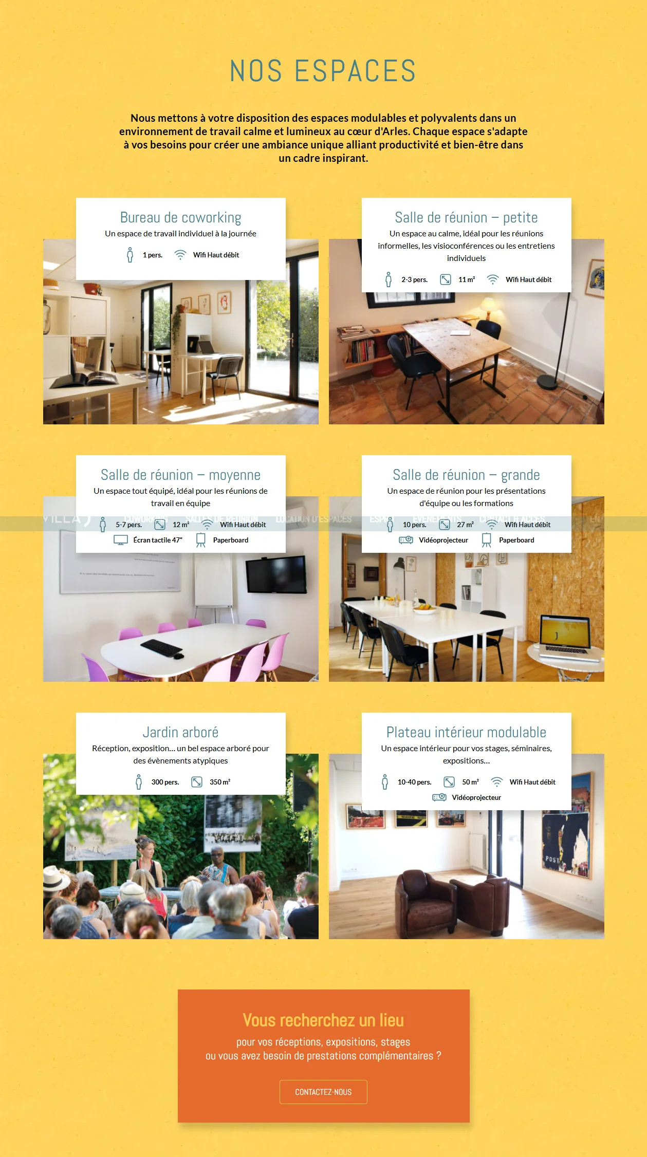 Grille présentant l'ensemble des espaces de la Villa J : bureaux, salles de réunion, jardin, plateau modulable